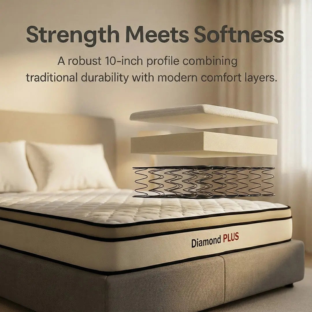 Diamond Plus 10" Euro Top Mattress - Tempered Bonnell Spring System with High Density Foam Comfort Layer - Medium Firm Support Grandeur Furnishings