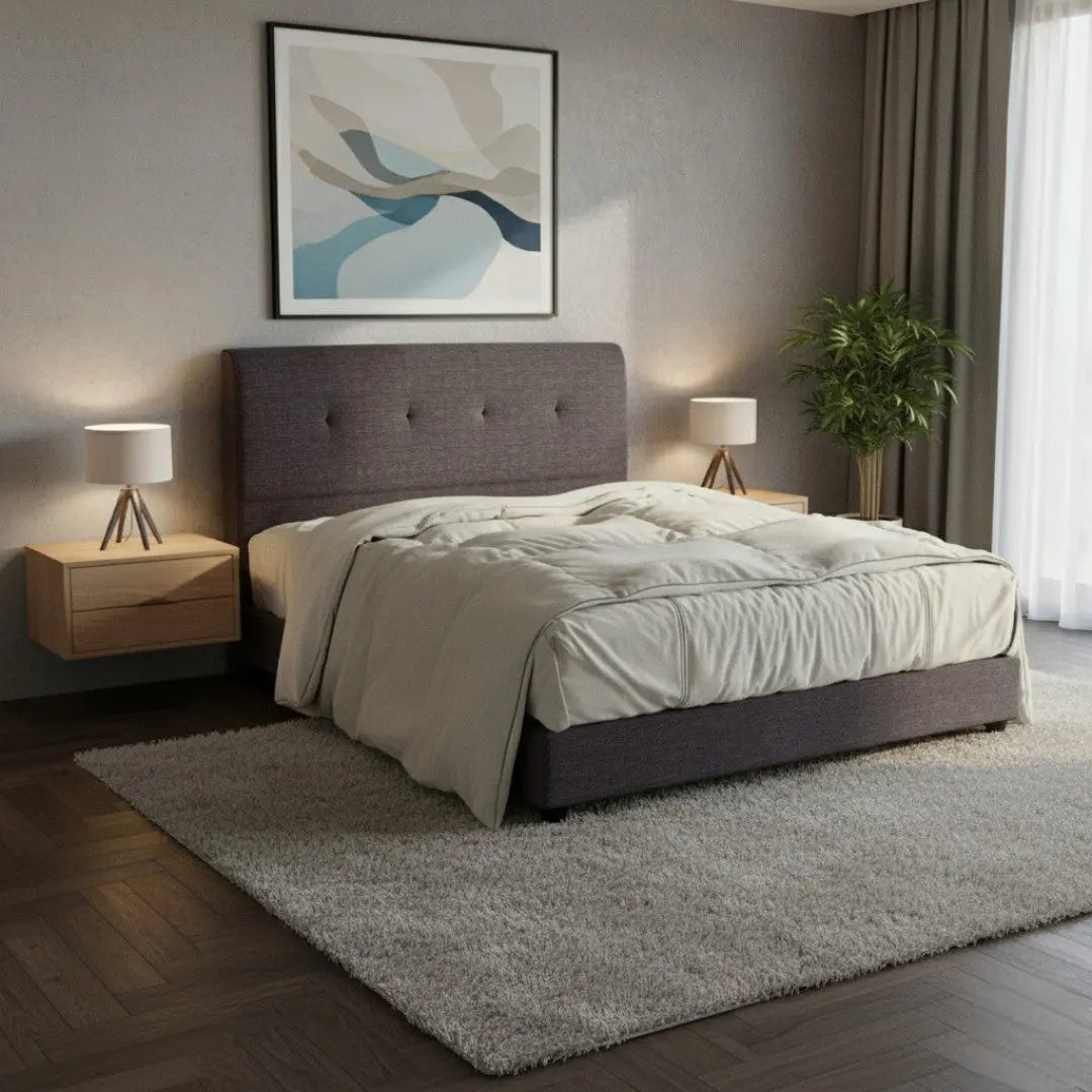 Minimalist upholstered bed with padded button-tufted headboard Grandeur Furnishings