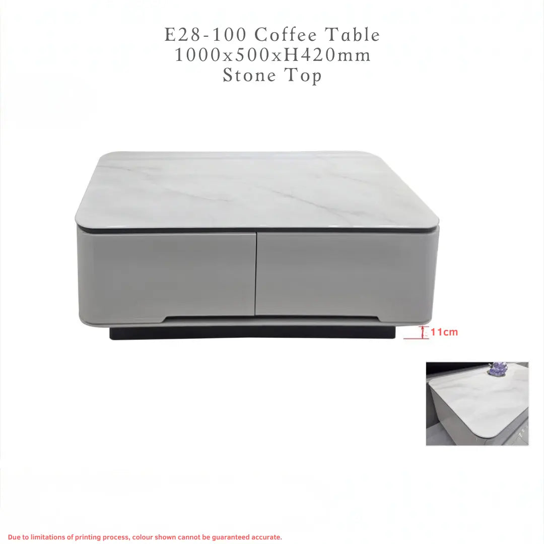 Vallin Stone Top Coffee Table - Minimalist Center Table with 2 Drawers | Rounded Safety Edges & Elevated Plinth Base Grandeur Furnishings