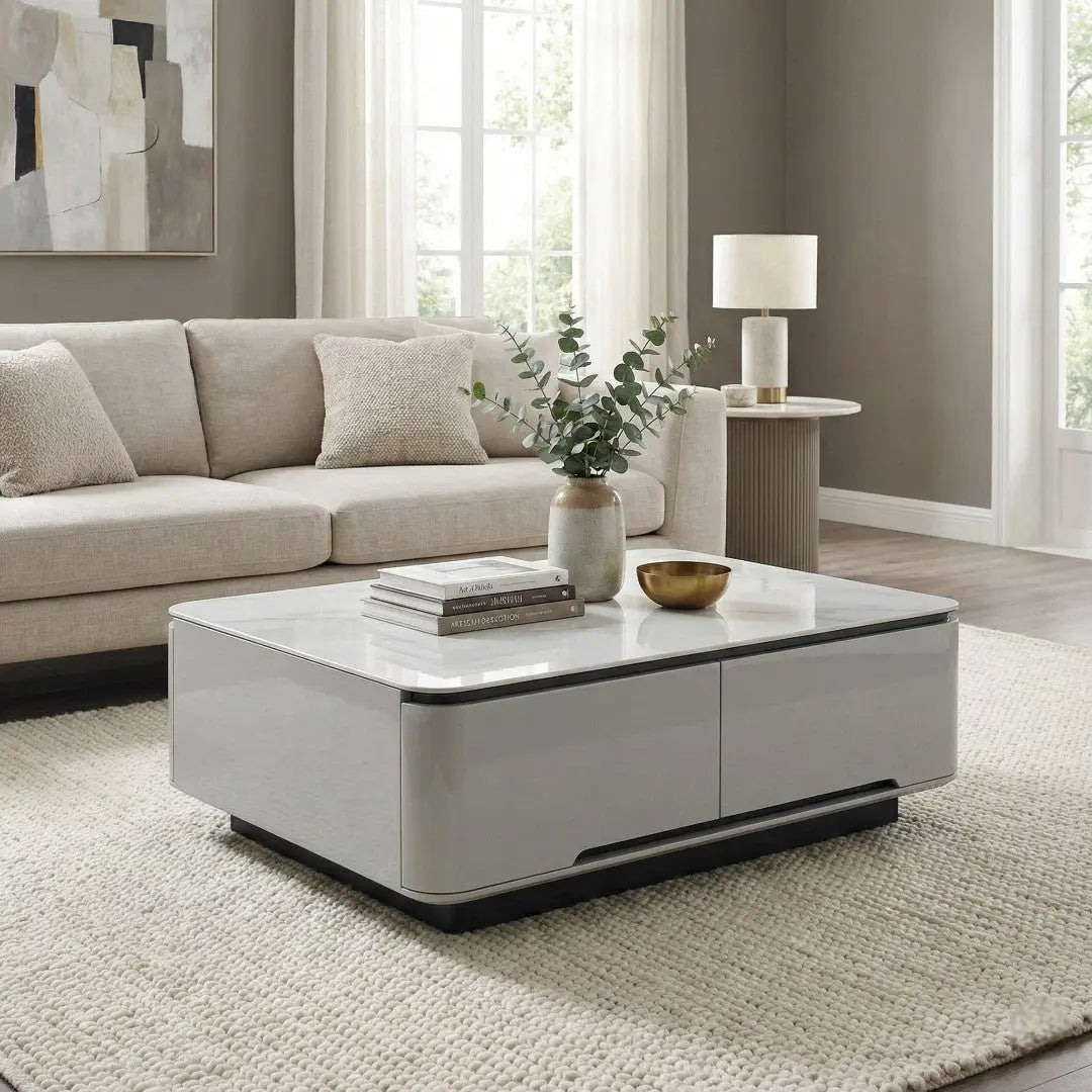Vallin Stone Top Coffee Table - Minimalist Center Table with 2 Drawers | Rounded Safety Edges & Elevated Plinth Base Grandeur Furnishings