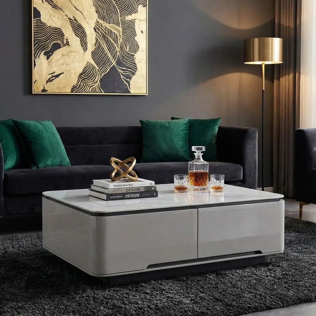 Vallin Stone Top Coffee Table - Minimalist Center Table with 2 Drawers | Rounded Safety Edges & Elevated Plinth Base Grandeur Furnishings