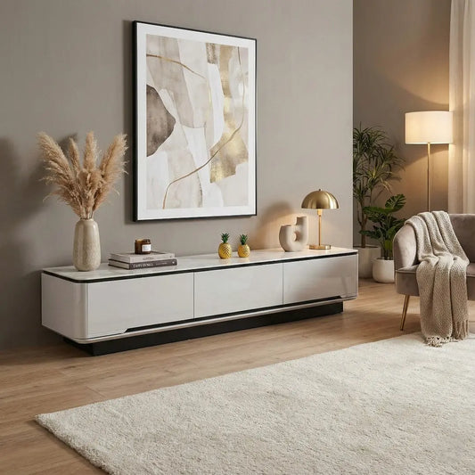Vallin Modern TV Console with Stone Top | Glossy TV Cabinet with Storage & Rounded Corners Grandeur Furnishings