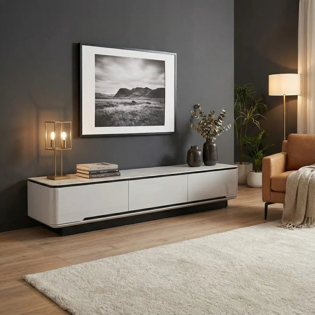 Vallin Modern TV Console with Stone Top | Glossy TV Cabinet with Storage & Rounded Corners Grandeur Furnishings