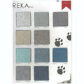 Reka evo fabric chart with 10 named swatches in cream, grey, turquoise and blue shades
