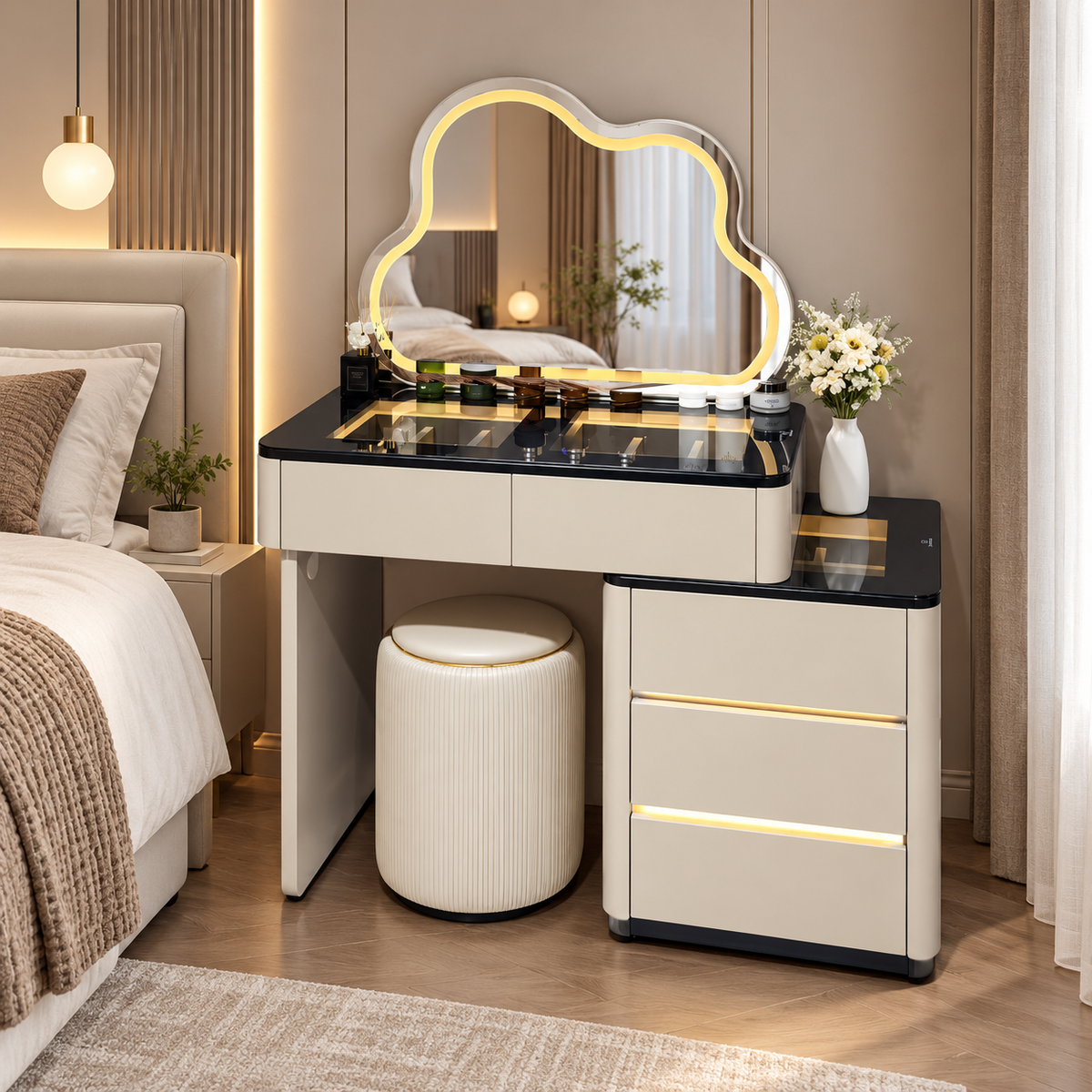 Pale dressing table with cloud-shaped mirror and right drawer unit in a bedroom