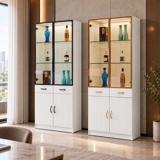 White storage cabinets with black and gold-coloured glass display sections