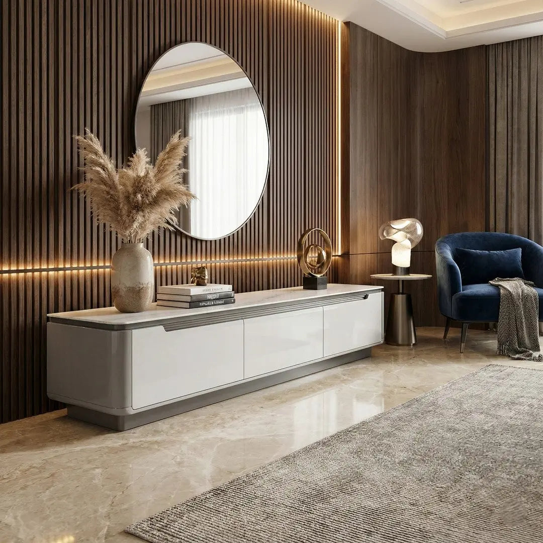 Opale Modern Minimalist TV Console – Sintered Stone Entertainment Unit with Integrated Grip Handles Grandeur Furnishings