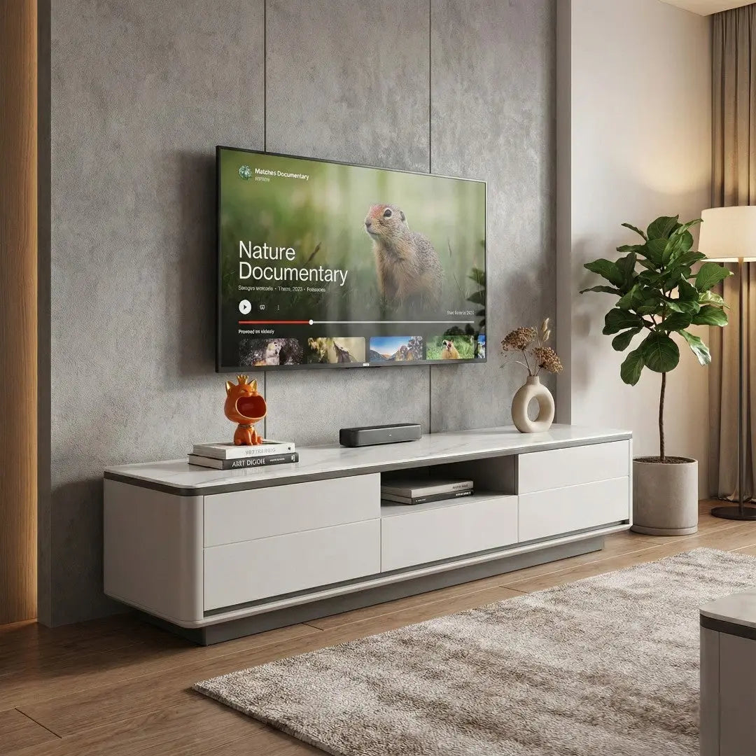 Regale Sintered Stone TV Console with Open Media Shelf | Modern Luxury Storage Cabinet | Rounded Edges Grandeur Furnishings