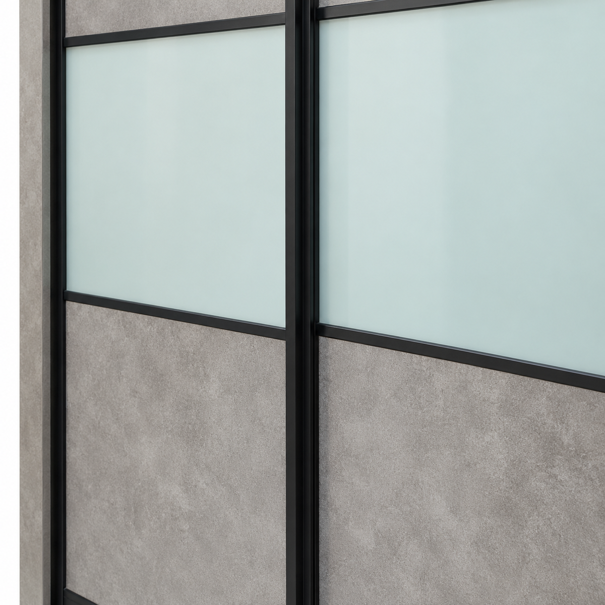 Close-up of Alden wardrobe’s pale centre panels and black door frames