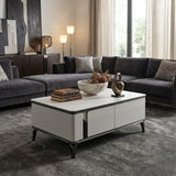 Pale Lucent coffee table with dark frame and tall legs beside a sofa