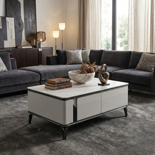 Lucent Stone Top Coffee Table - Modern Luxury Center Table with Storage Drawers | Scratch-Resistant Sintered Stone & High Legs Grandeur Furnishings