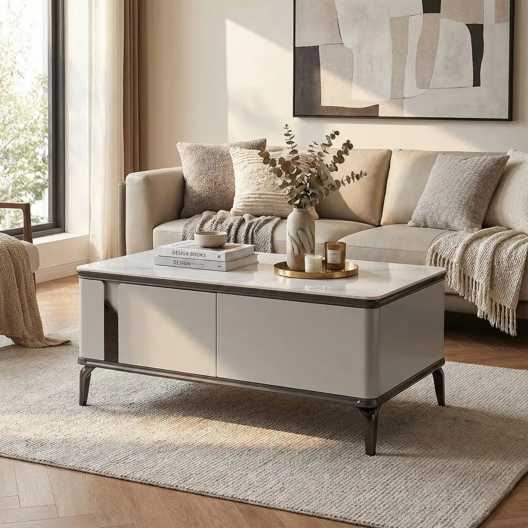 Lucent Stone Top Coffee Table - Modern Luxury Center Table with Storage Drawers | Scratch-Resistant Sintered Stone & High Legs Grandeur Furnishings