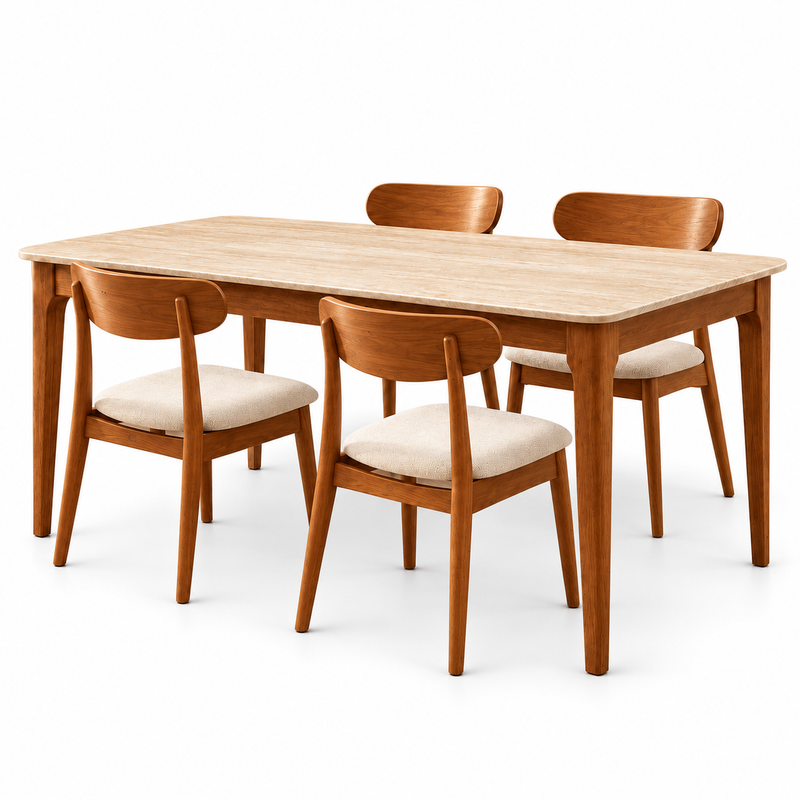 Valenza Travertine Top & Solid Wood Dining Set