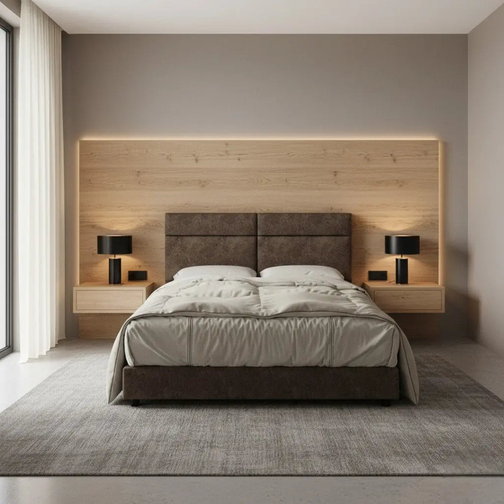 Modern Fabric Bed Frame with Cushioned Panel Headboard Grandeur Furnishings
