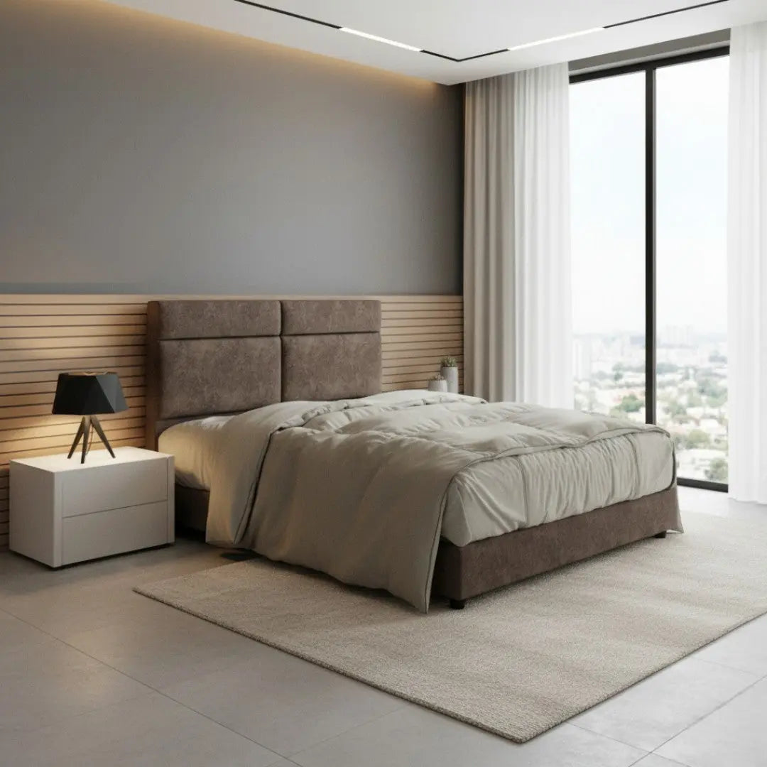 Modern Fabric Bed Frame with Cushioned Panel Headboard Grandeur Furnishings