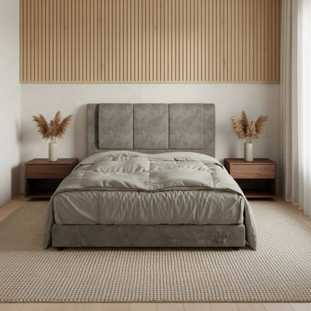 Fabric Upholstered Bed Frame with Padded Panel Headboard Grandeur Furnishings