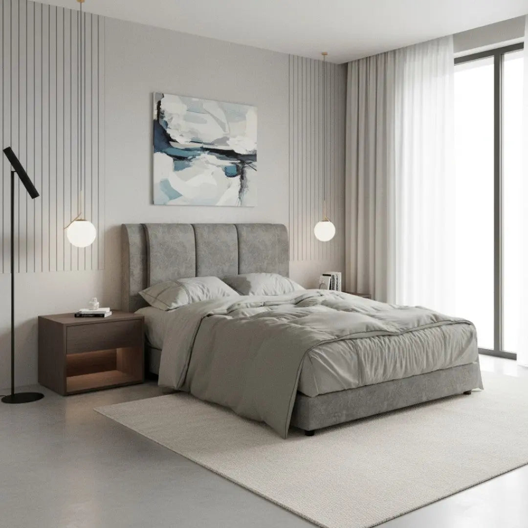 Fabric Upholstered Bed Frame with Padded Panel Headboard Grandeur Furnishings