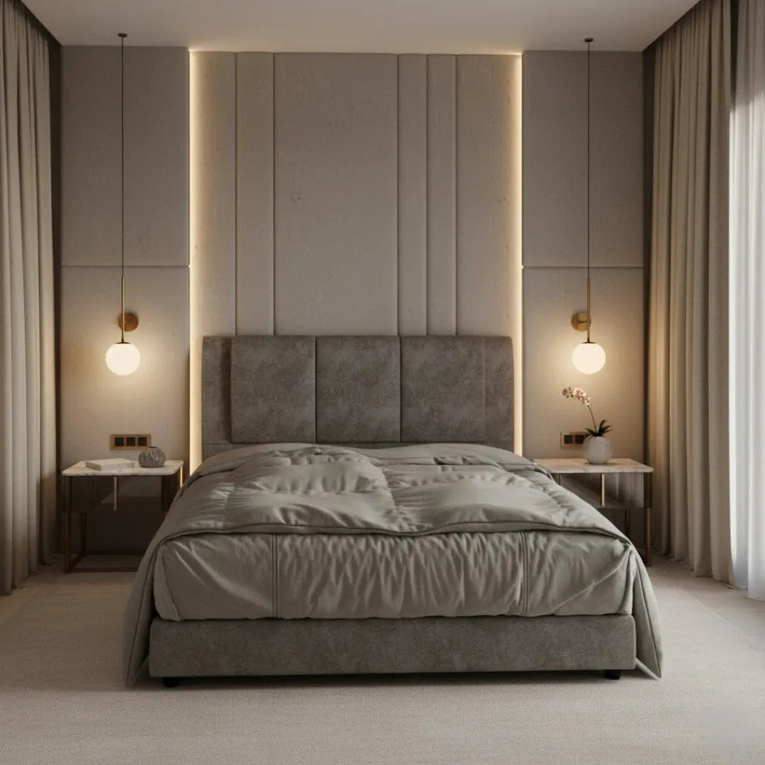 Fabric Upholstered Bed Frame with Padded Panel Headboard Grandeur Furnishings
