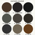 Leather colour chart with nine circular swatches in camel, brown, black, grey, taupe, sand and tan