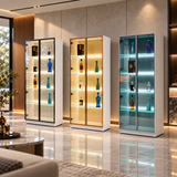 Illuminated glass display cabinets in three frame finishes