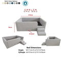 Grey Caelia daybed with storage drawer inset and dimensions