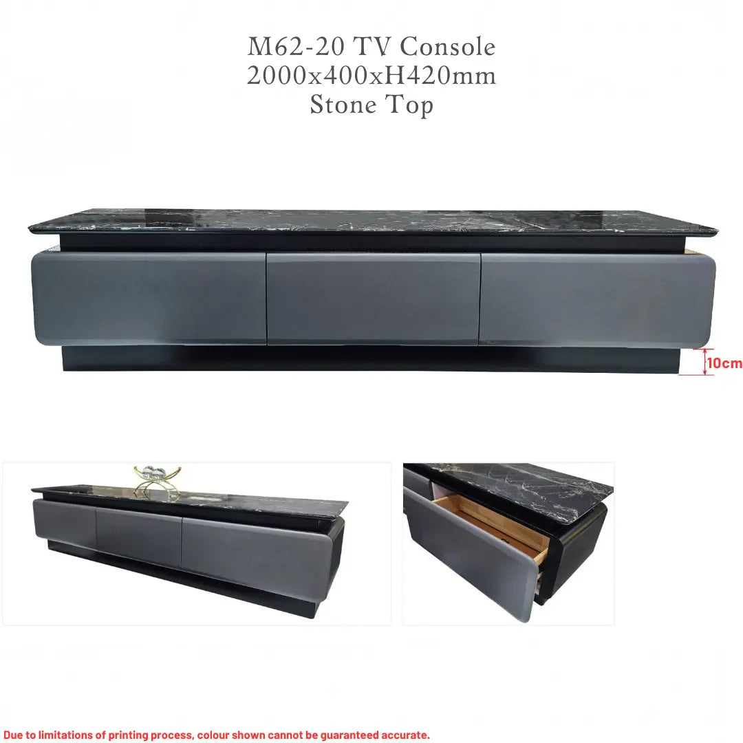 Lunaris Luxury TV Console | Premium Stone Top TV Cabinet | Modern Grey Living Room Stand with 3 Drawers Grandeur Furnishings