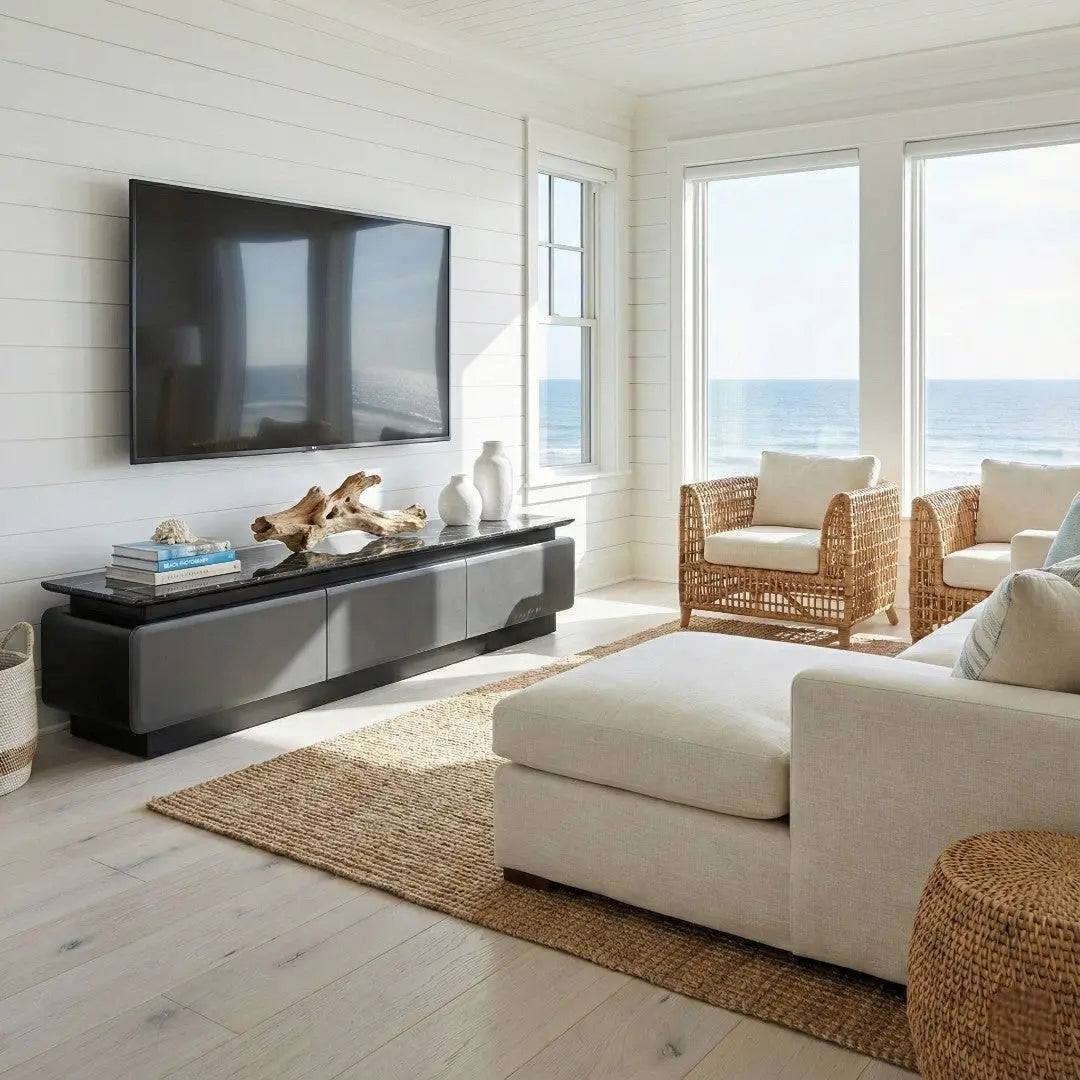 Lunaris Luxury TV Console | Premium Stone Top TV Cabinet | Modern Grey Living Room Stand with 3 Drawers Grandeur Furnishings