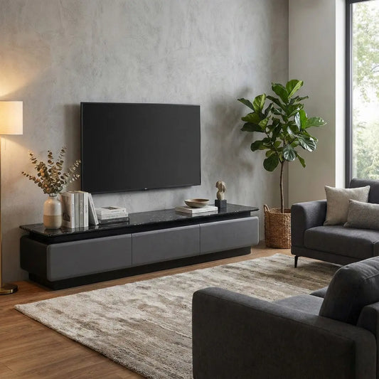 Lunaris Luxury TV Console | Premium Stone Top TV Cabinet | Modern Grey Living Room Stand with 3 Drawers Grandeur Furnishings
