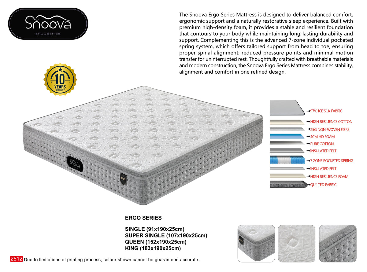 Snoova Ergo Series 10" Mattress: Ergonomic 7-Zone Spring, 4cm HD Foam & Ice Silk Top Grandeur Furnishings
