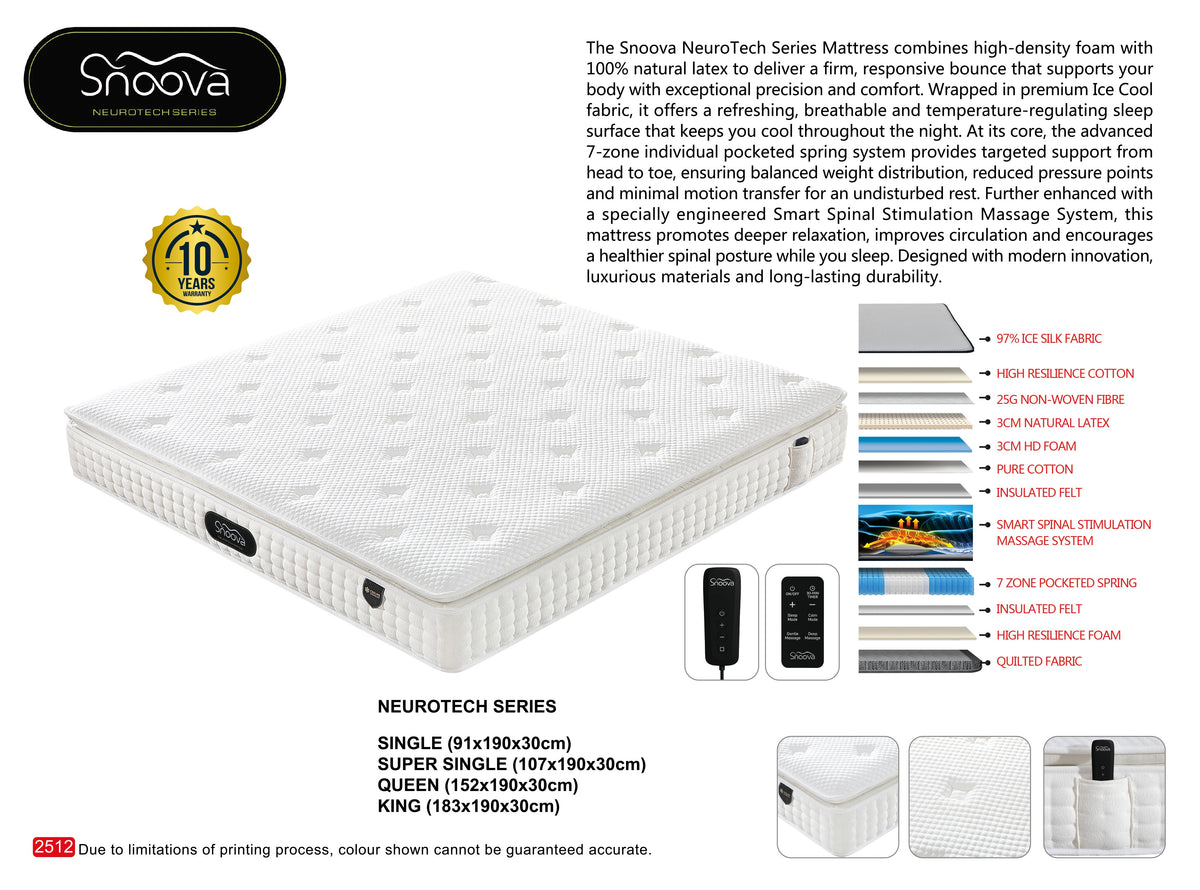 Snoova NeuroTech Mattress 100% Natural Latex, 7-Zone Pocket Spring & Smart Massage System Grandeur Furnishings