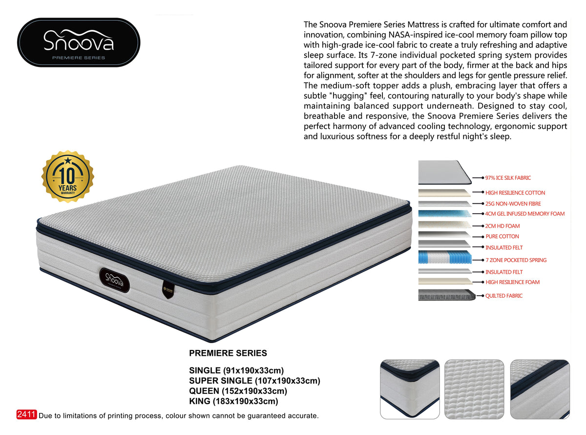 Snoova Premiere 13" Mattress - Cooling Gel Memory Foam Pillow Top & Pocket Springs Grandeur Furnishings