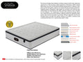 Snoova Prestige white pillow-top mattress with dark piping, labelled layer diagram, fabric close-ups and size chart