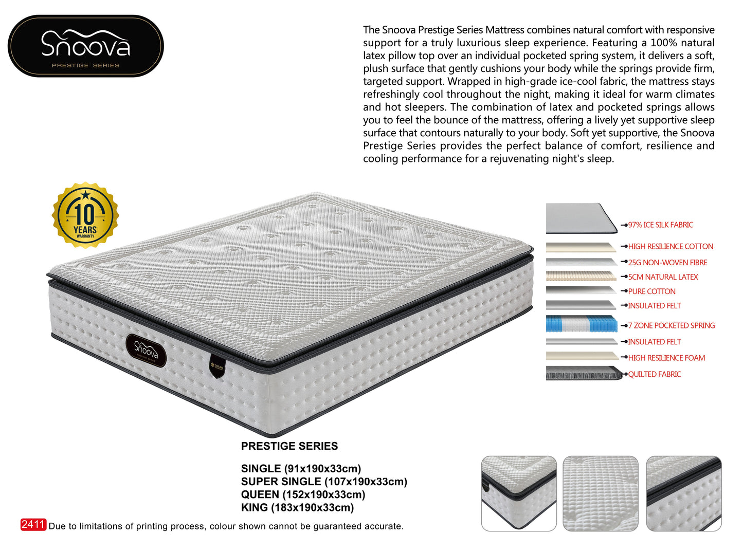 Snoova Prestige Natural Latex Pillow Top Mattress - Cooling Ice Silk Fabric & 7-Zone Pocket Springs Grandeur Furnishings