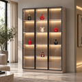 Wide wood-look glass display cabinet with illuminated shelves