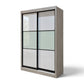 Marlow grey sliding wardrobe with black frames and pale centre panels, angled view