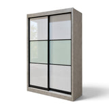 Marlow grey sliding wardrobe with black frames and pale centre panels, angled view
