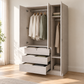 Linden wardrobe open to show hanging rails, shelves and three extended drawers