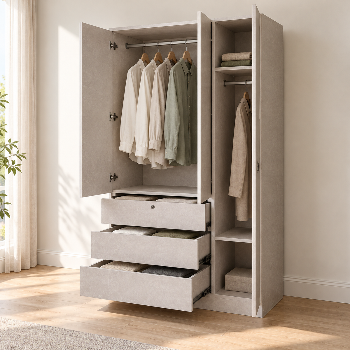 Linden wardrobe open to show hanging rails, shelves and three extended drawers