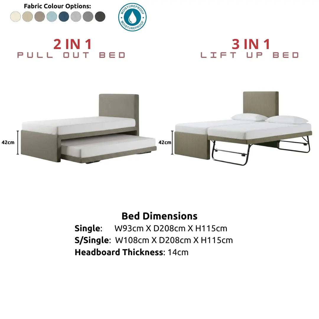 Velano Pull Out Fabric Bed Frame 3-in-1 Space Saving Guest Bed Grandeur Furnishings