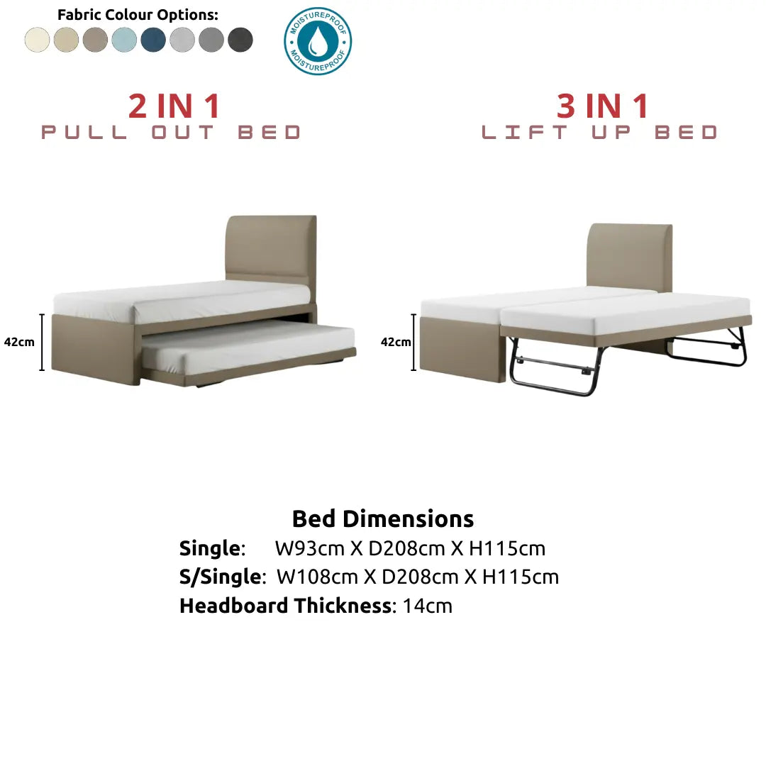 Seren Convertible Guest Bed Frame - 3-in-1 Pull Out & Lift Up Trundle Bed - Space Saving High Headboard Bed Grandeur Furnishings