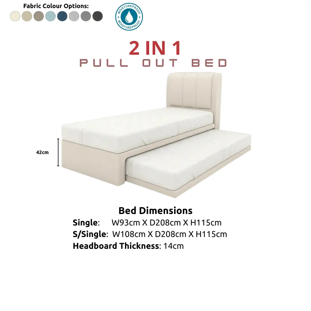 Averra Vertical Channel Tufted 2-in-1 Pull Out Bed - Moisture Repellent Fabric & Smooth Roll Out Trundle Grandeur Furnishings