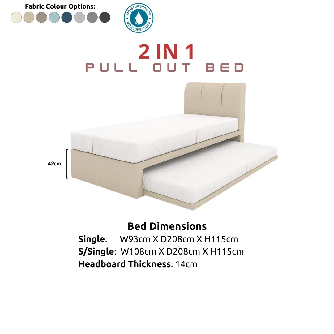 Vantara 2-in-1 Pull Out Bed Frame | Vertical Channel Tufted Headboard | Moisture-Proof Fabric | Space Saving Grandeur Furnishings