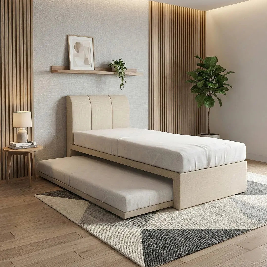 Vantara 2-in-1 Pull Out Bed Frame | Vertical Channel Tufted Headboard | Moisture-Proof Fabric | Space Saving Grandeur Furnishings