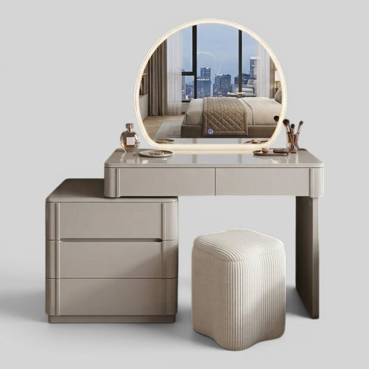 Mila Modern Dressing Table Set with LED Lighted Mirror & Stool Grandeur Furnishings