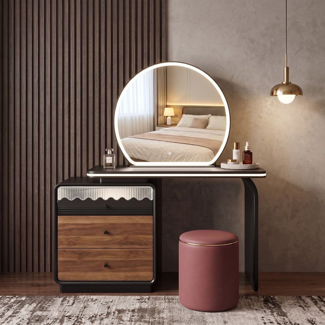 Rosé Black & Wood Vanity Set with Round LED Mirror & Stool Grandeur Furnishings