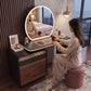 Rosé Black & Wood Vanity Set with Round LED Mirror & Stool Grandeur Furnishings