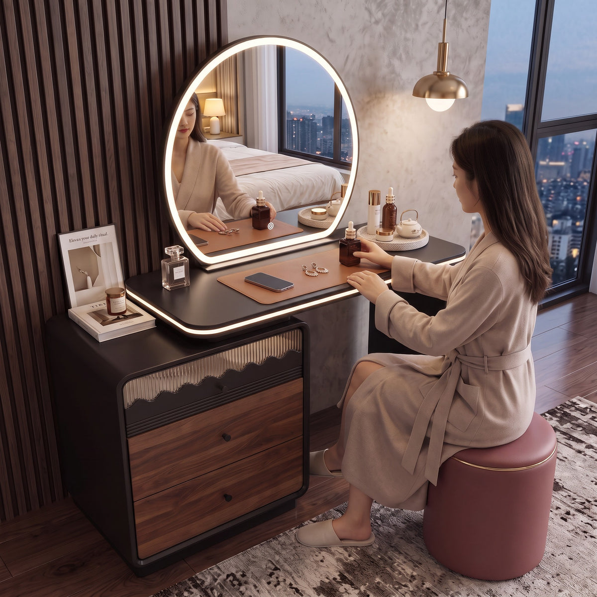 Rosé Black & Wood Vanity Set with Round LED Mirror & Stool Grandeur Furnishings
