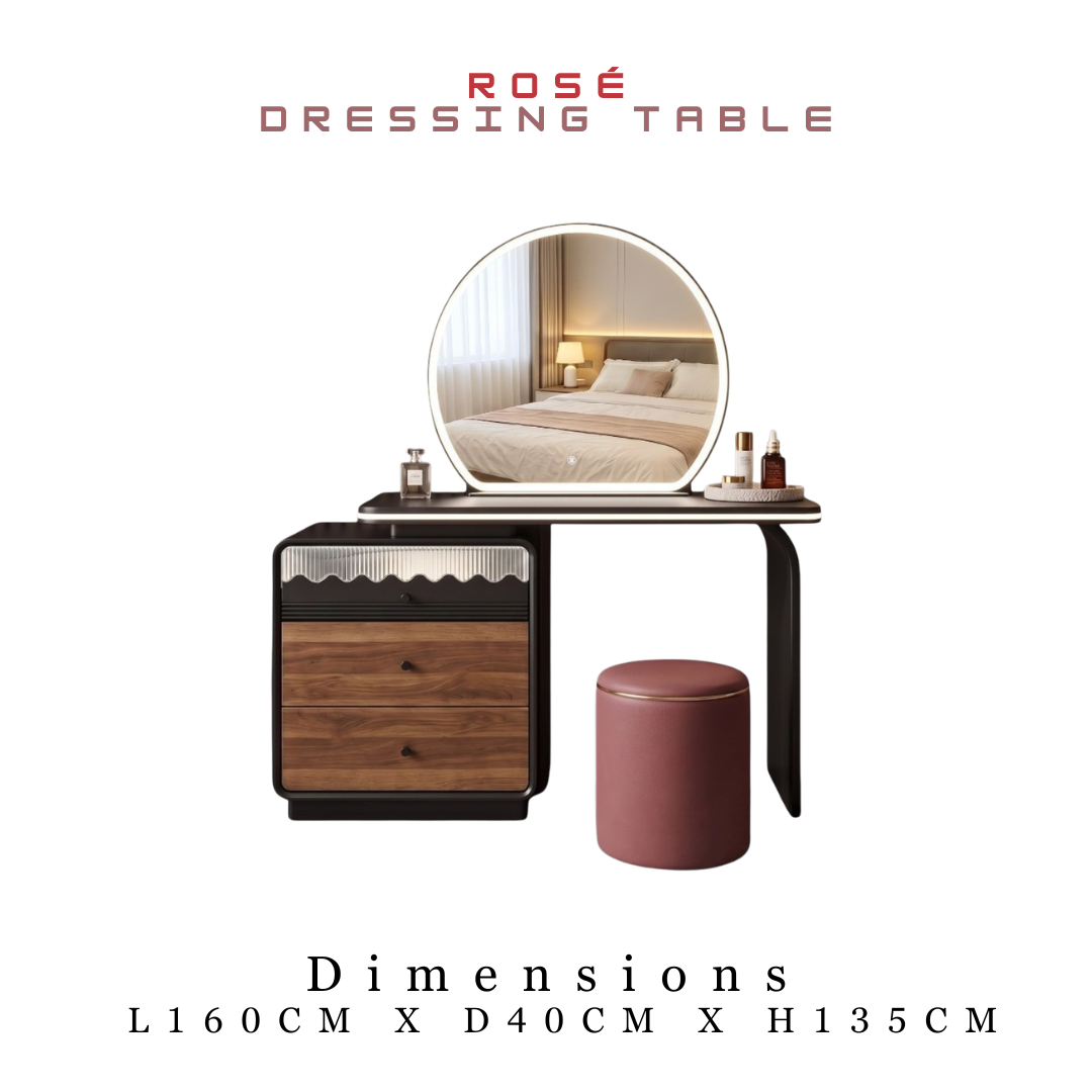 Rosé Black & Wood Vanity Set with Round LED Mirror & Stool Grandeur Furnishings