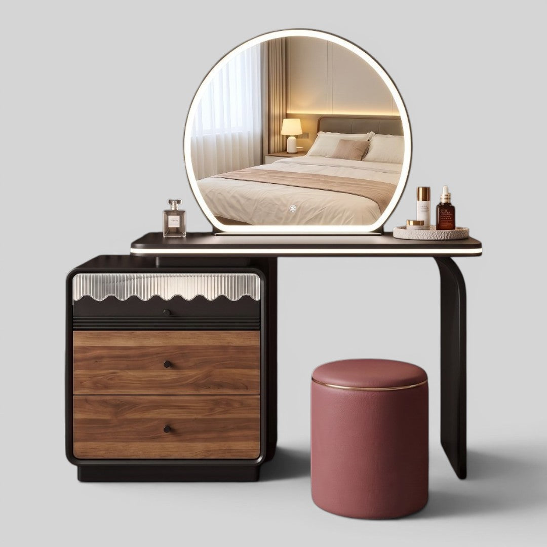 Rosé Black & Wood Vanity Set with Round LED Mirror & Stool Grandeur Furnishings