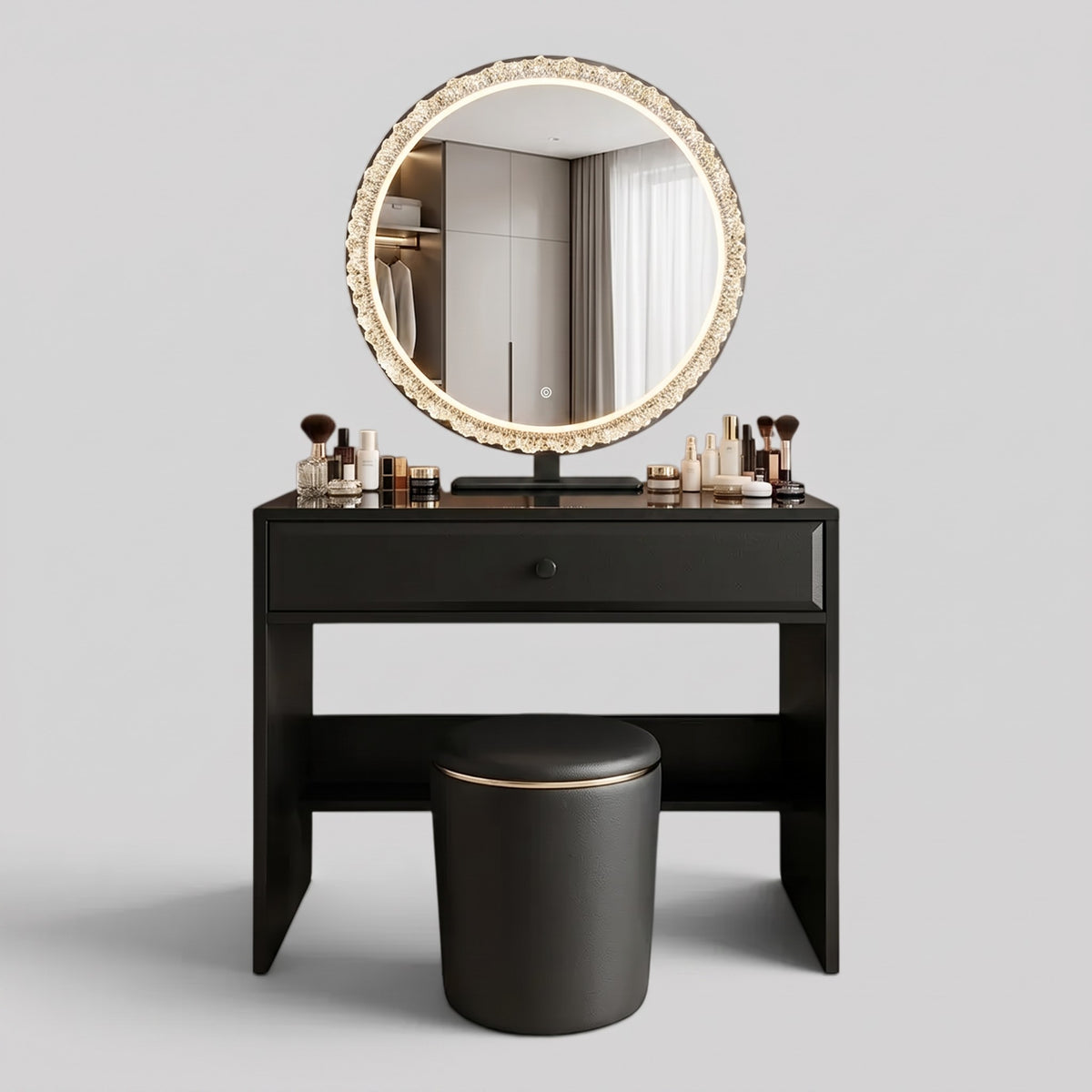 Vivienne Black Vanity Desk with Crystal LED Mirror & Stool Grandeur Furnishings